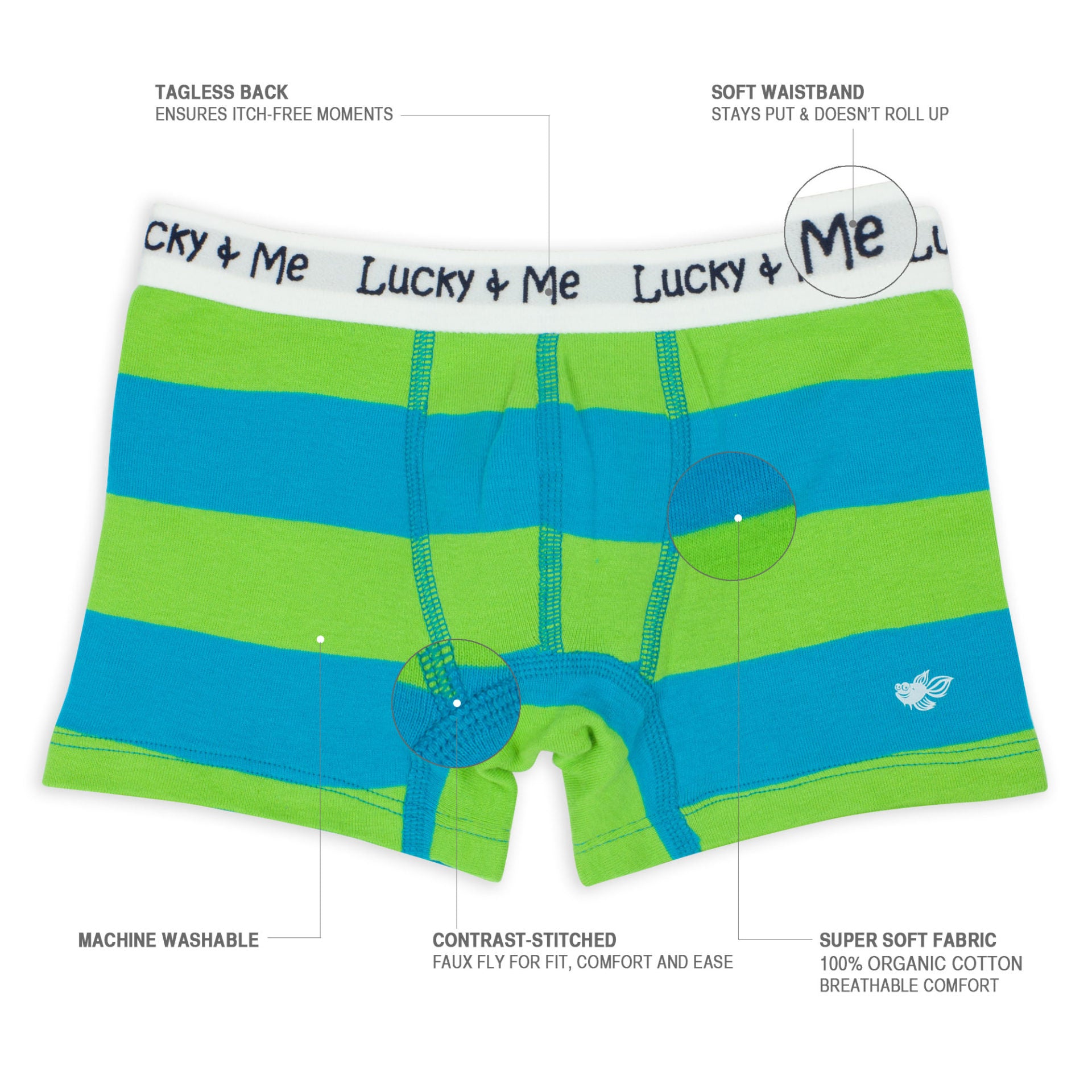 Blue and Green striped Boxer Brief Infographic