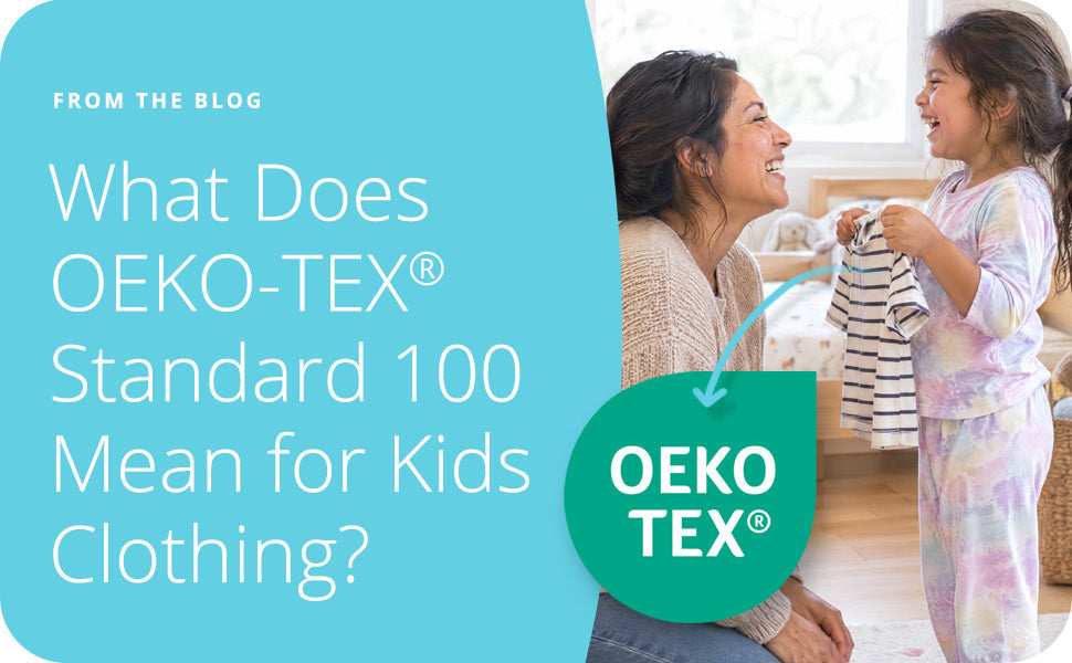 mother and daughter smiling in her bedroom as the child holds up her OKEO TEX Standard 100 clothing