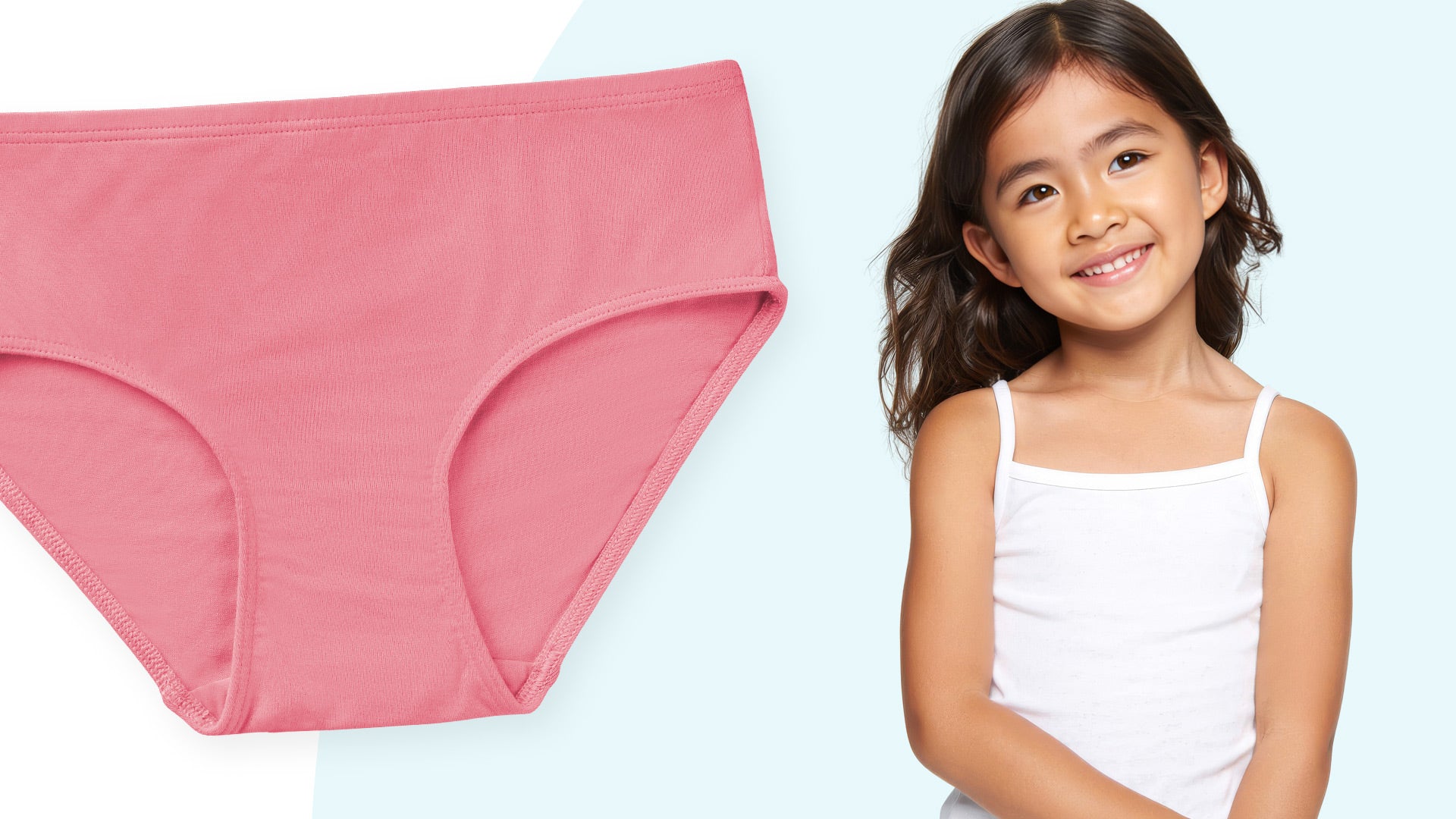 Pink underwear displayed next to a young girl wearing a white tank top on a light blue background