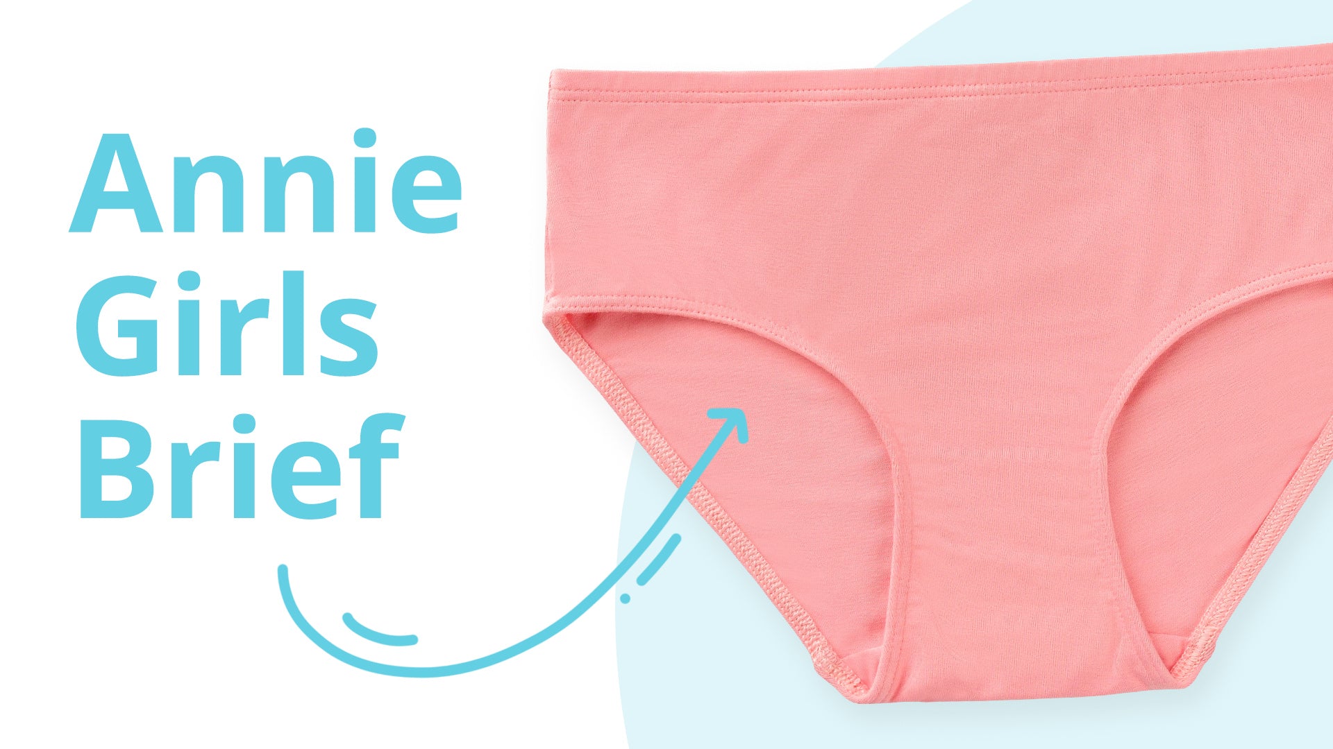 Pink girls' brief with 'Annie Girls Brief' text and branding on a light blue background
