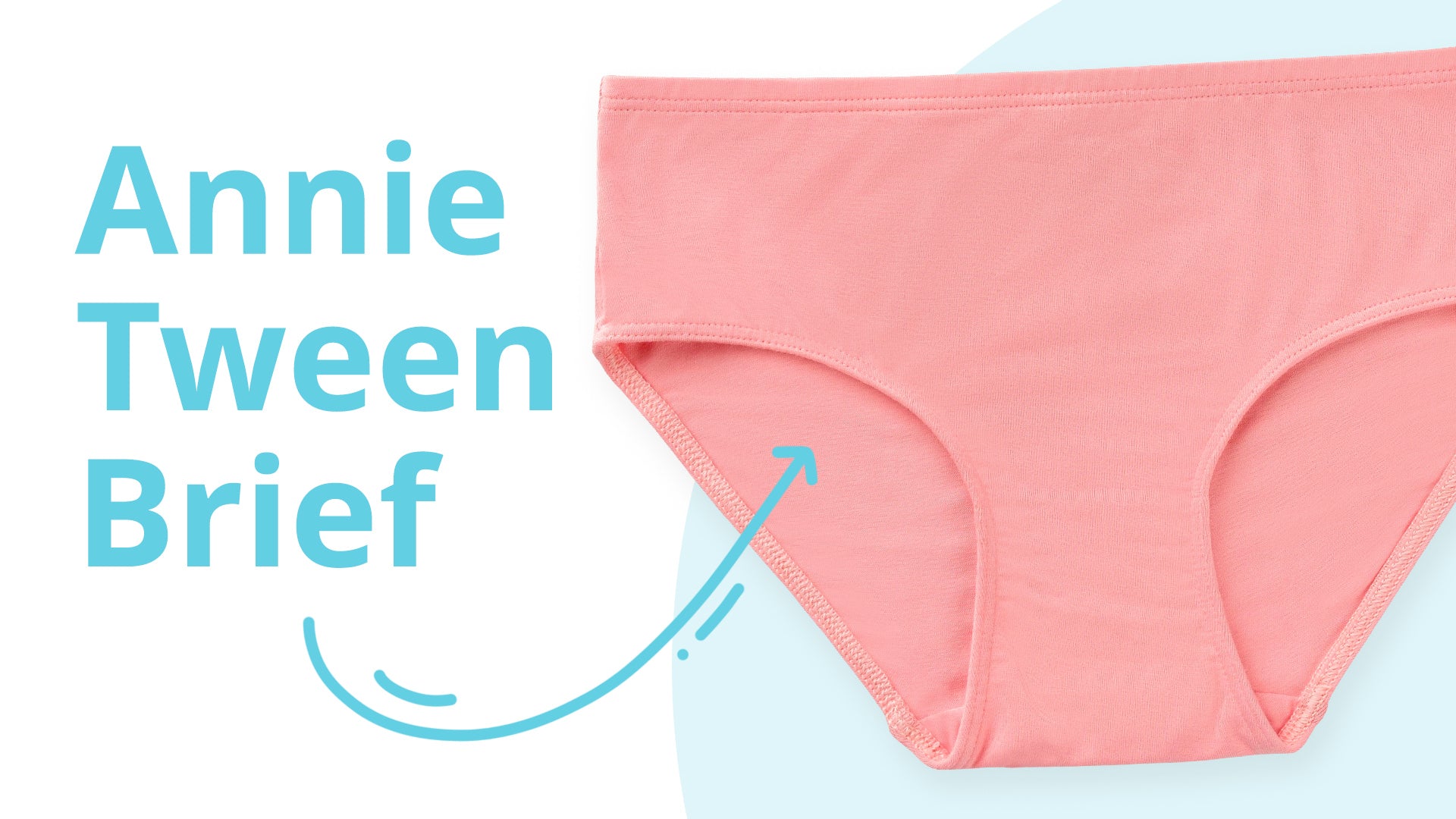 Pink underwear labeled 'Annie Tween Brief' on a light blue background