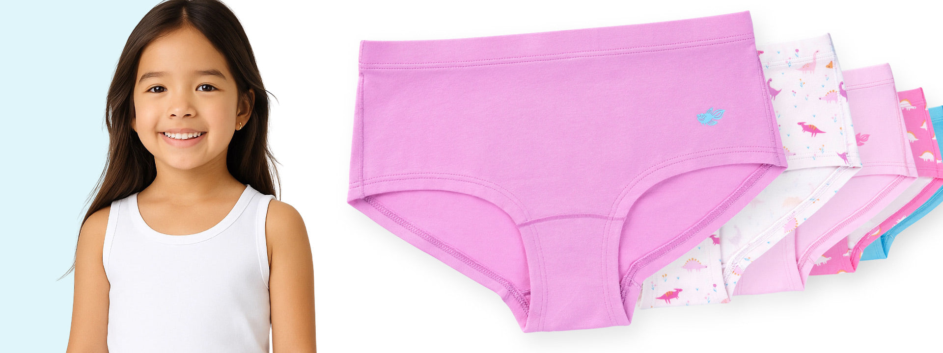 Child wearing a white tank top next to pink underwear and patterned panties on a light blue background