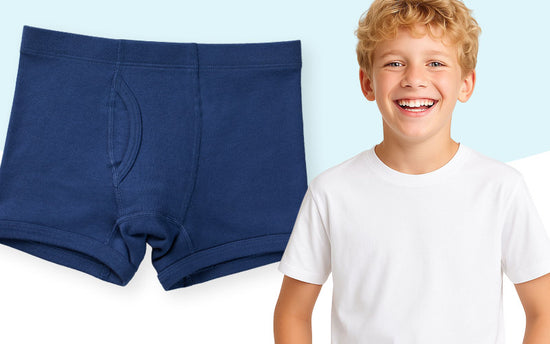 youth boy wearing logan tshirt and nolan organic cotton boxer briefs