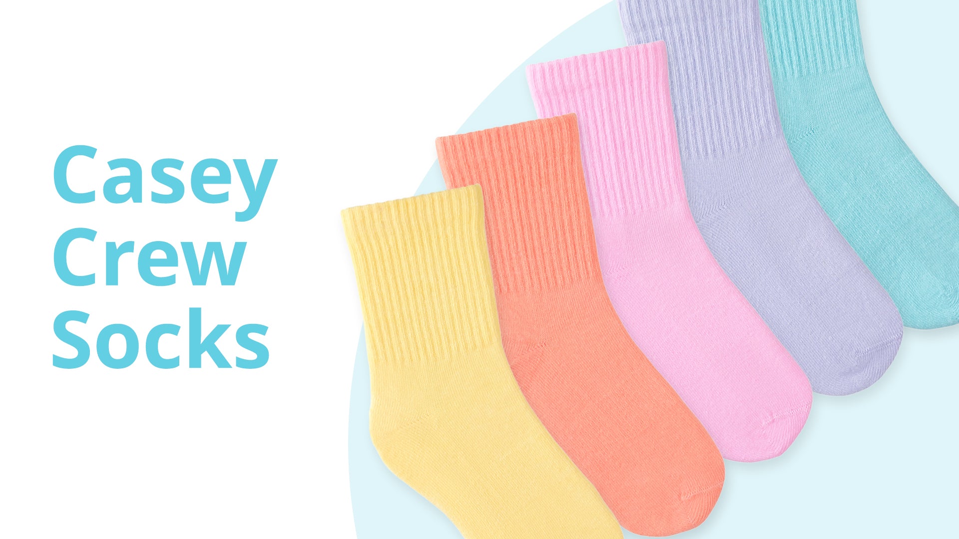 Set of colorful socks labeled 'Casey Crew Socks' on a light background