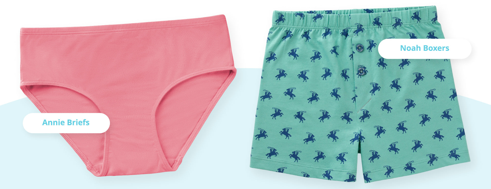 Pink briefs and green boxer briefs with blue horse pattern on a white background