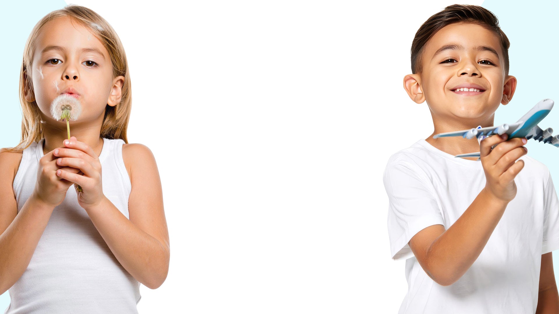 Two children, one blowing a dandelion and the other holding a toy airplane, on a white background.