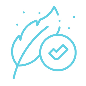 Blue icon of a feather and a check mark on a white background