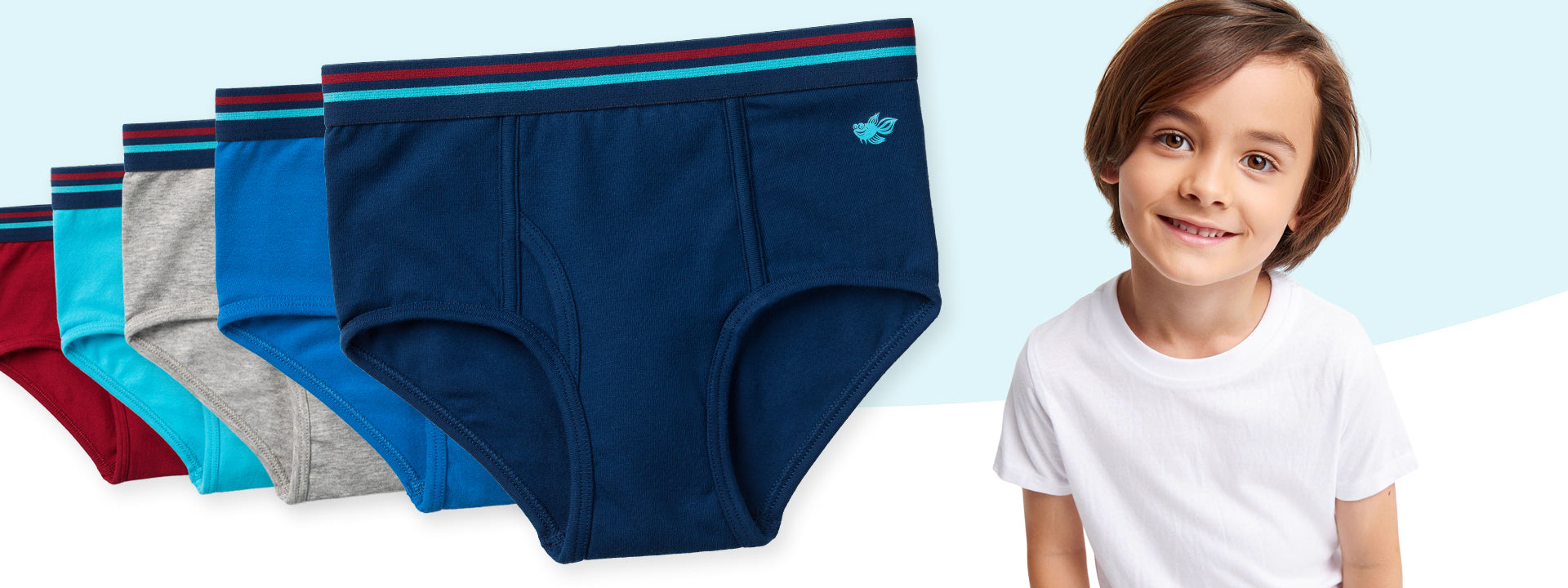 Set of boys' cotton brief underwear in various colors with a child wearing a white shirt.