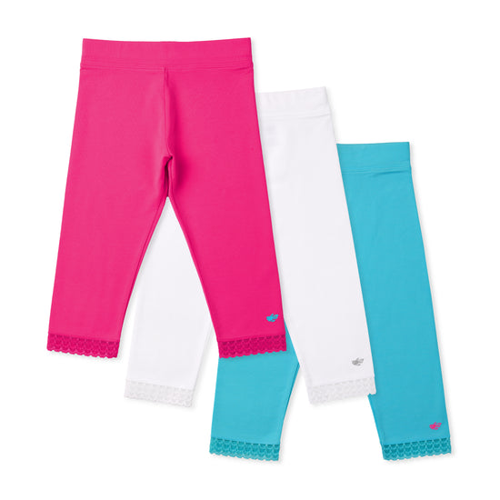 Girls cropped leggings in pink, white, and teal.