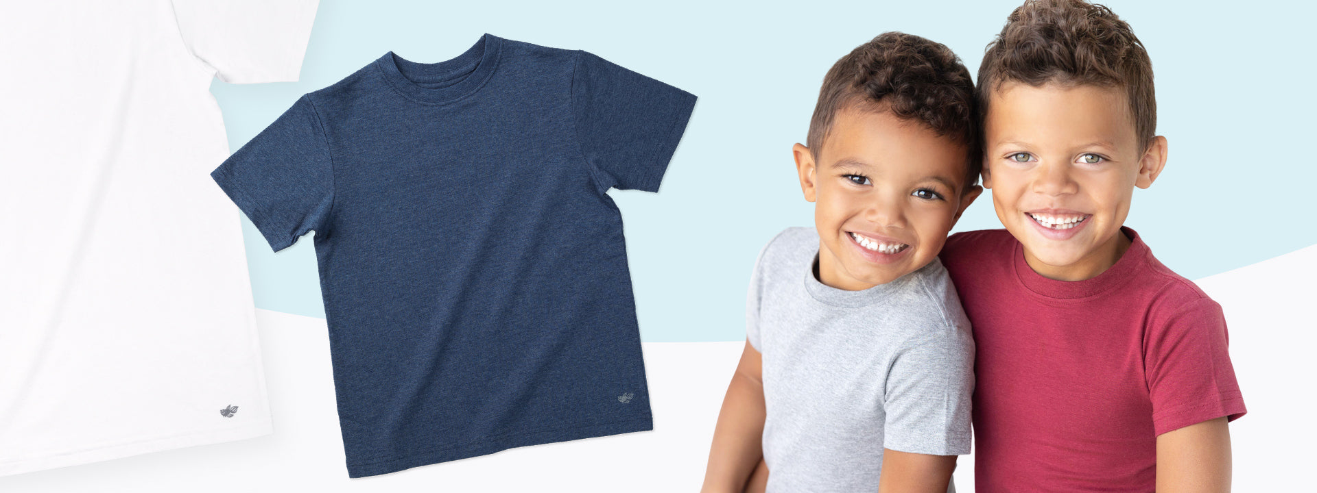 Navy blue cotton modal t-shirt with two boys wearing gray and red t-shirts against a light blue background