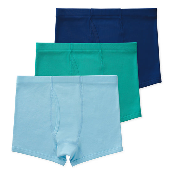 Three pairs of boys boxer briefs in blue, green, and light blue on a white background.