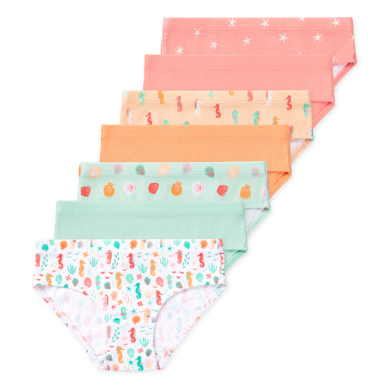 Set of colorful girls underwear with various patterns on a white background