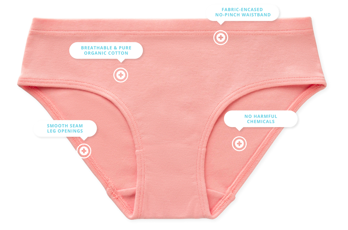A coral pink pair of tween Ryleigh bikinis on a white background with four white callout labels pointing to feature highlights: breathable organic cotton fabric, fabric-incased no-pinch waistband, smooth seam leg openings, and no harmful chemicals.