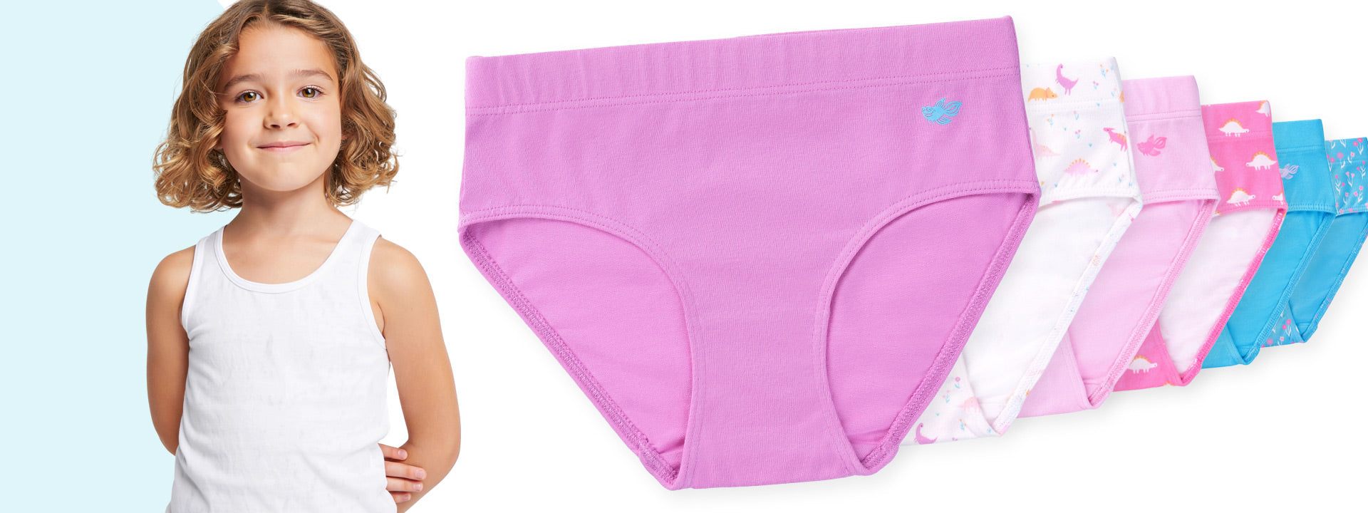 Girl wearing a white tank top next to pink cotton modal underwear on a light blue background