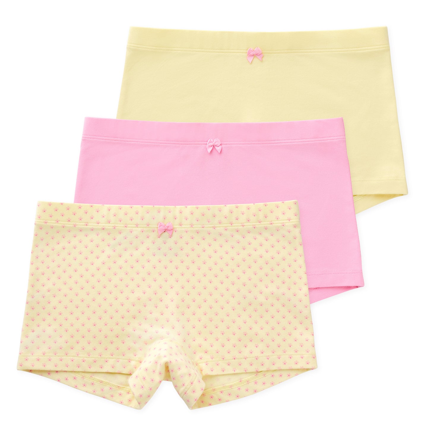 Three pairs of women's underwear in pink and yellow on a white background