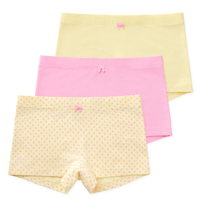 Three pairs of women's underwear in pink and yellow on a white background